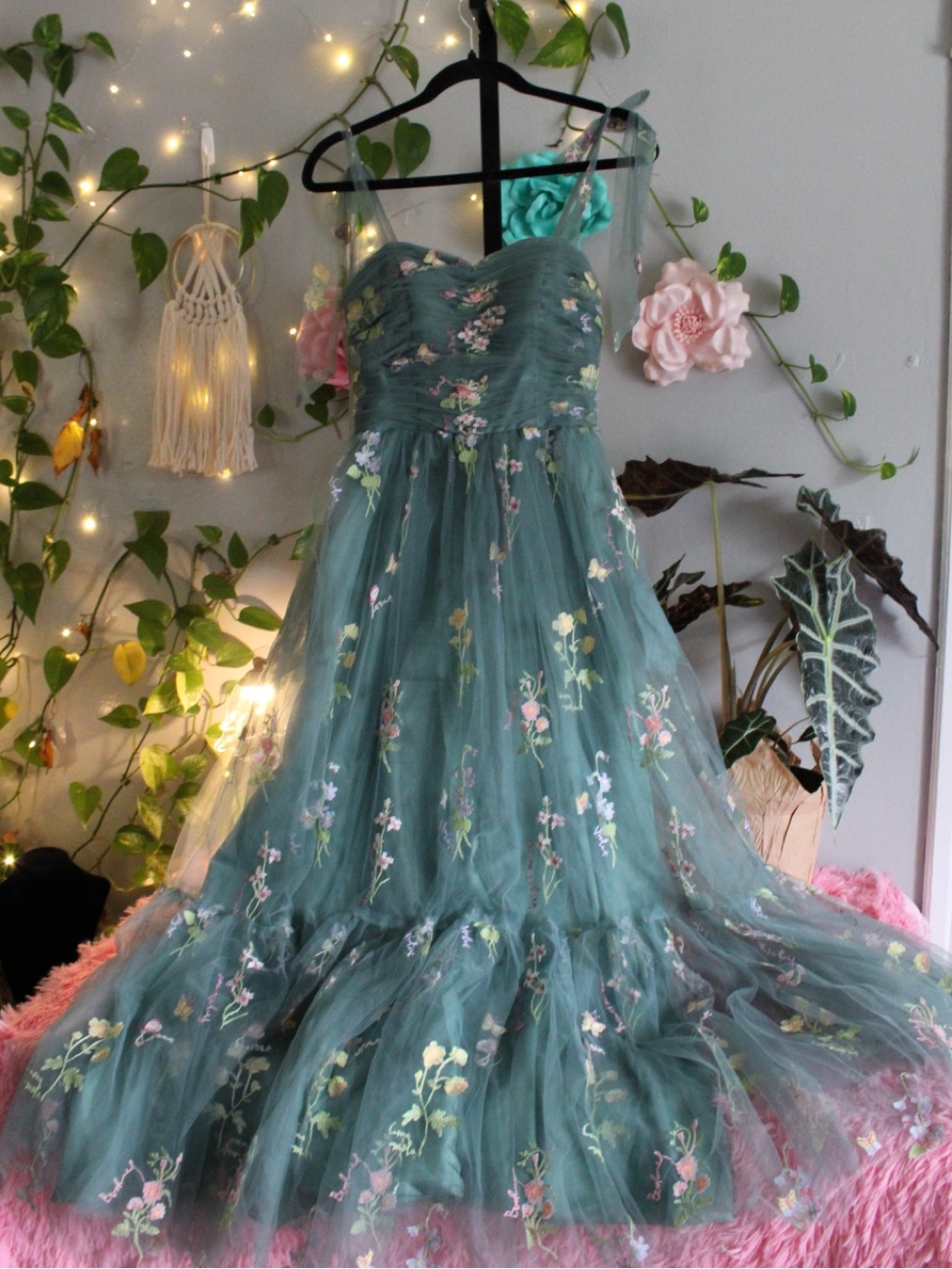 Sage Green Floral Embroidered Tulle Maxi Dress – Romantic Fairy Dress